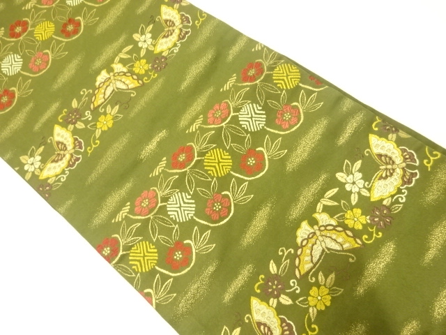 JAPANESE KIMONO / ANTIQUE FUKURO OBI / WOVEN FLOWERS & BUTTERFLY